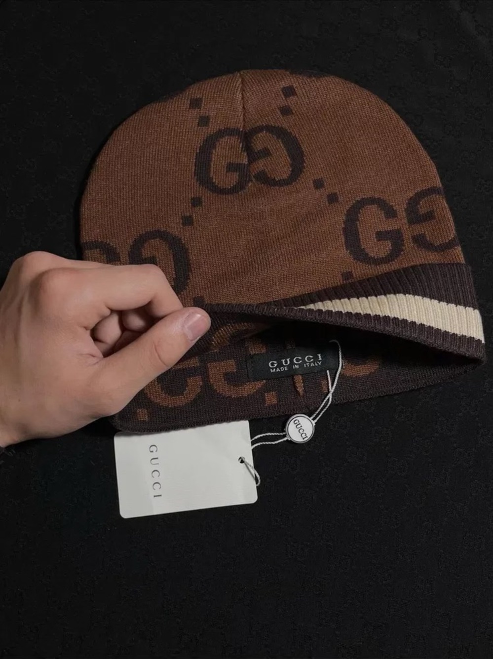 Gucci Brown & Cream GG Logo Knit Beanie